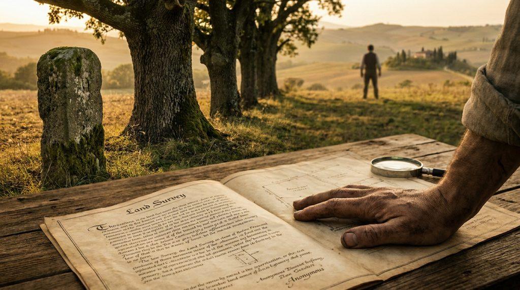 Une main examine un document ancien de bornage de terrain dans une campagne toscane avec une borne en pierre.