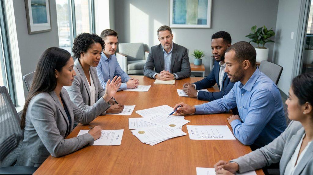 Groupe de professionnels diversifiés assis autour d'une table de conférence, examinant des documents et des formulaires de vote.