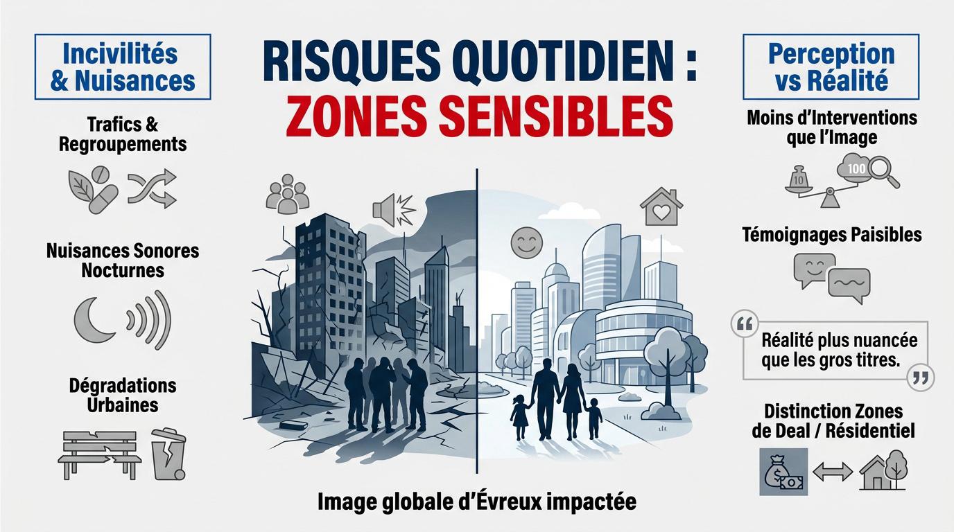 Vue urbaine d'un quartier sensible à Évreux illustrant les enjeux de sécurité quotidienne