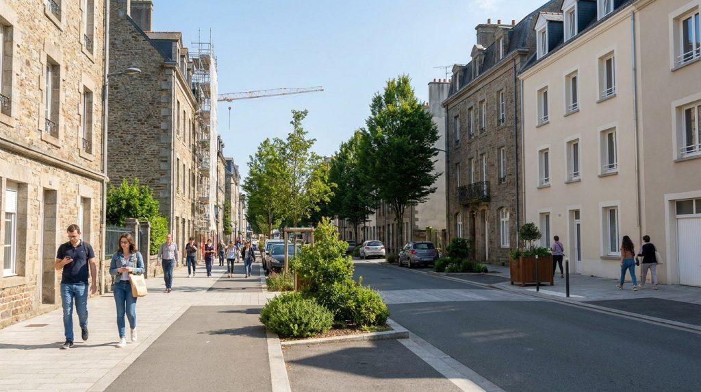 Une rue piétonne animée à Saint-Brieuc avec des bâtiments anciens, des arbres et des passants.