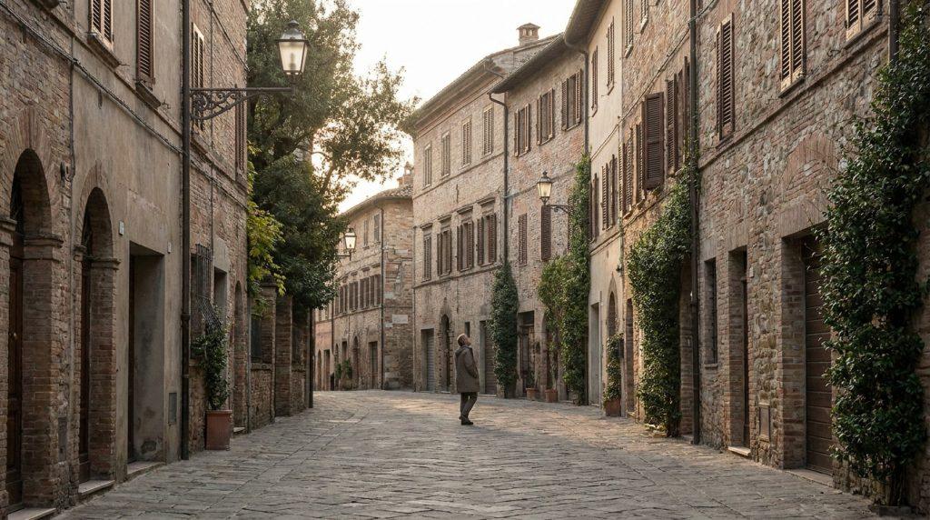 Une personne solitaire marche dans une rue pavée étroite bordée de bâtiments anciens en briques avec des volets en bois.