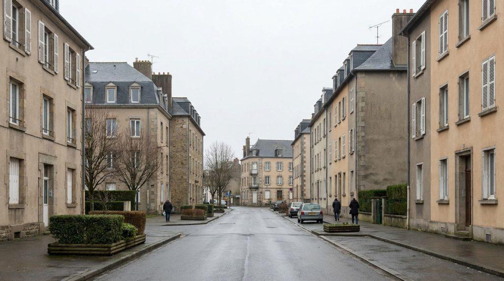 Rue calme bordée d'immeubles résidentiels en pierre à Épinal par temps gris.