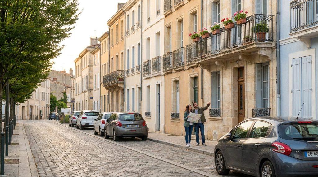 Couple de touristes consultant une carte dans une rue pavée typique de Blois bordée de voitures et d'immeubles anciens.