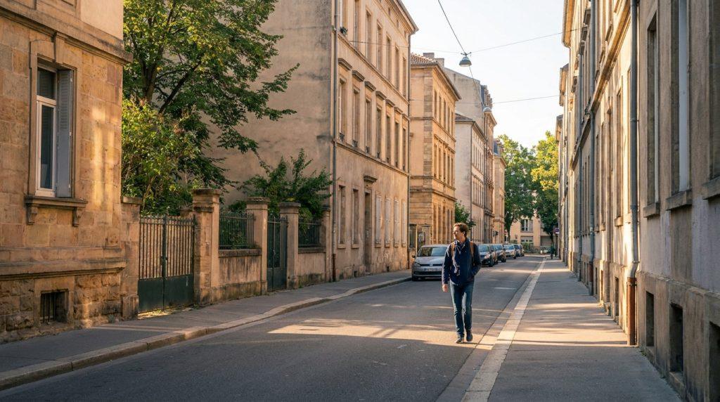 Un homme marche seul dans une rue calme et ensoleillée bordée d'immeubles en pierre de style classique à Carcassonne.