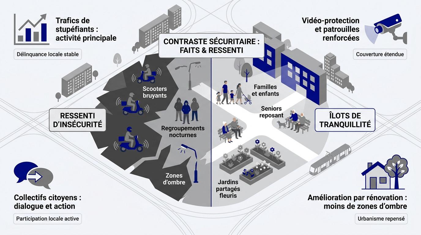 Vue des aménagements urbains et de la sécurité dans le quartier Planoise à Besançon