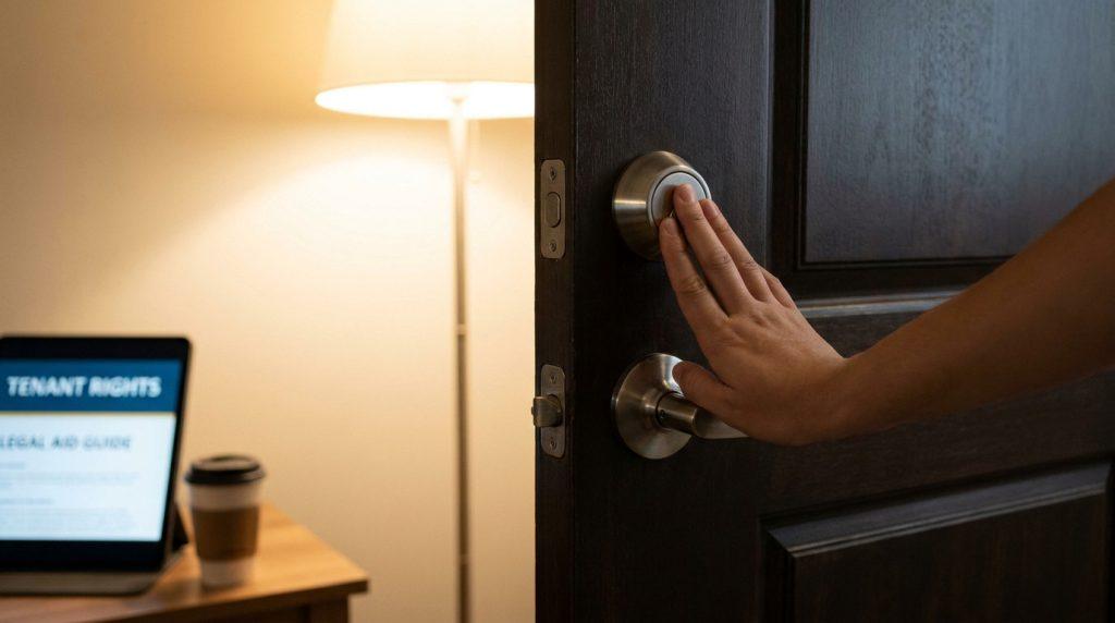 Une main ouvre une porte en bois sombre tandis qu'un écran affiche un guide sur les droits des locataires.