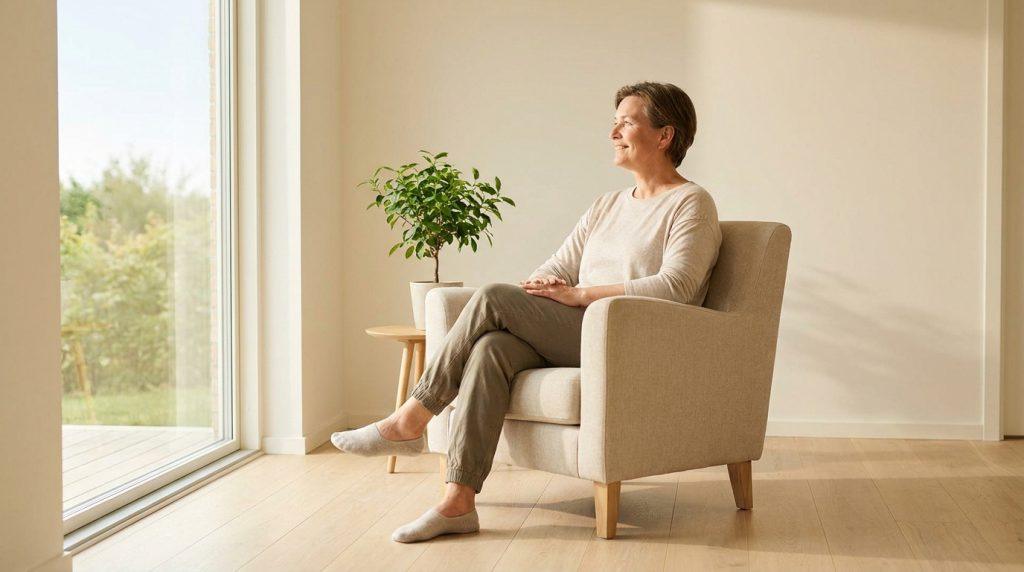 Femme sereine assise dans un fauteuil confortable près d'une grande baie vitrée dans un intérieur lumineux.