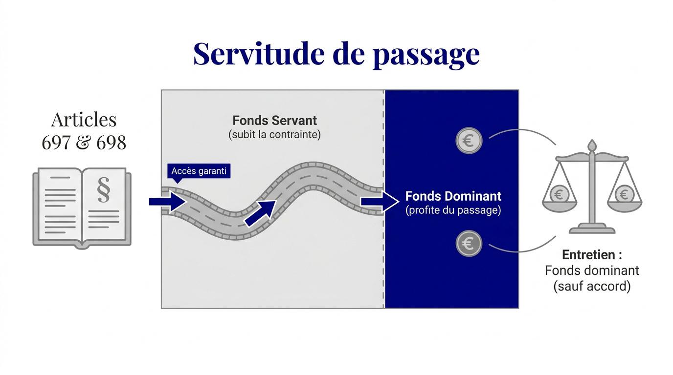 Schéma illustrant le fonds servant et le fonds dominant dans une servitude de passage