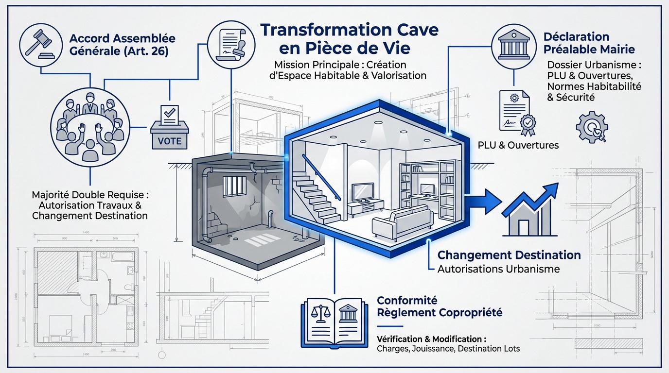 Schéma des étapes juridiques pour transformer une cave en pièce de vie en copropriété