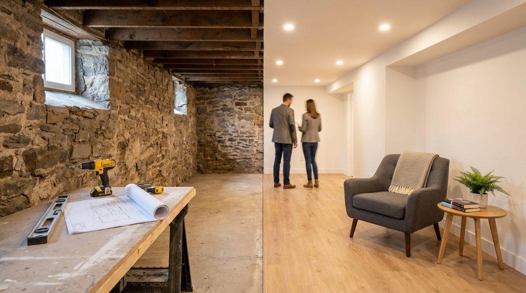 Comparaison visuelle entre une cave brute en pierre et un intérieur fini et moderne avec un couple consultant des plans.
