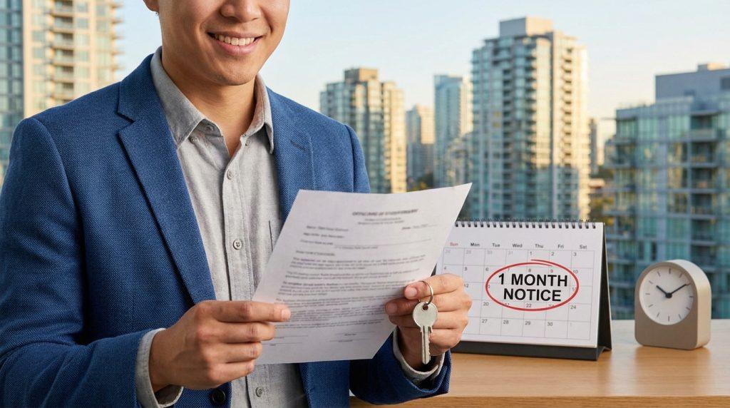 Un homme en costume souriant tient un document et une clé, devant un calendrier indiquant "1 Month Notice" avec des immeubles.