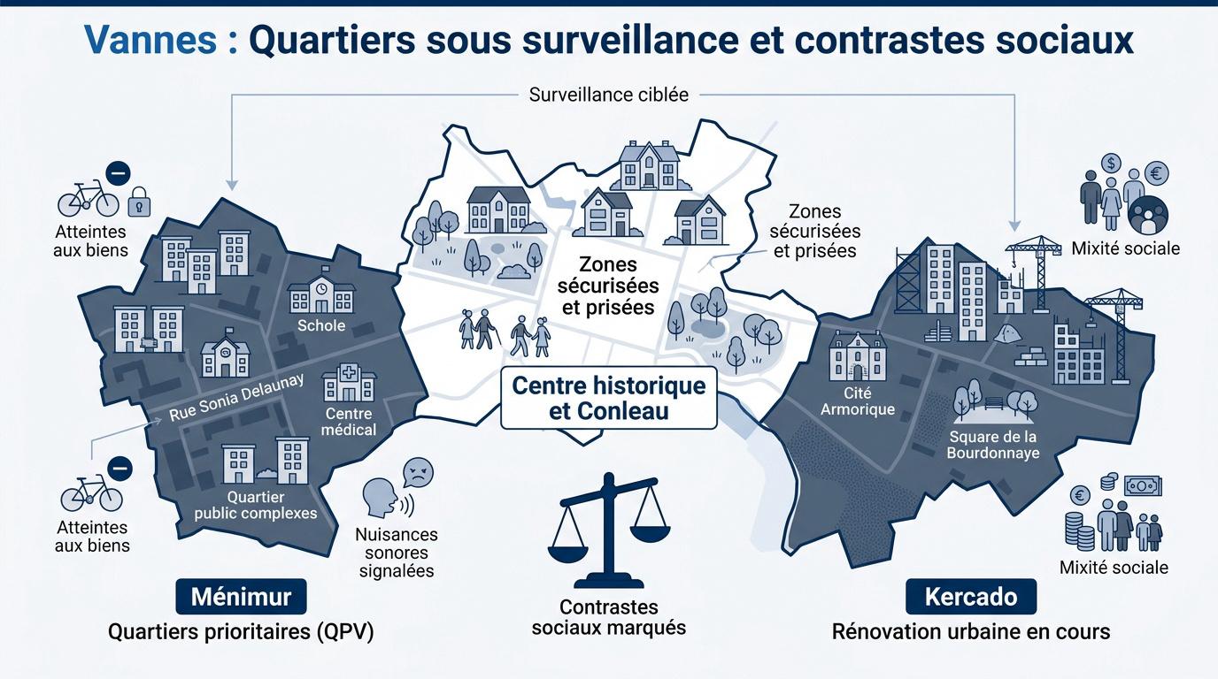 Vue aérienne des quartiers résidentiels et sociaux de Vannes illustrant les contrastes urbains
