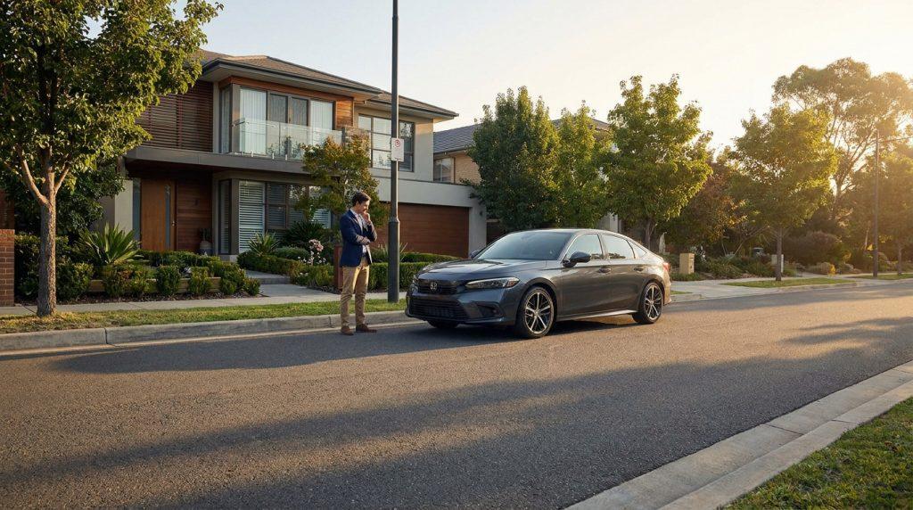 Un homme en tenue de ville regarde sa voiture garée sur le bord d'une route résidentielle devant une maison moderne.