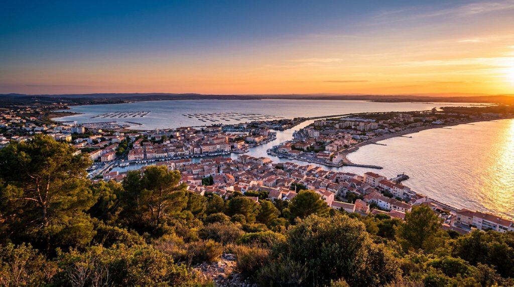 Vue panoramique de la ville de Sète au coucher du soleil, surplombant l'étang de Thau et la mer Méditerranée.