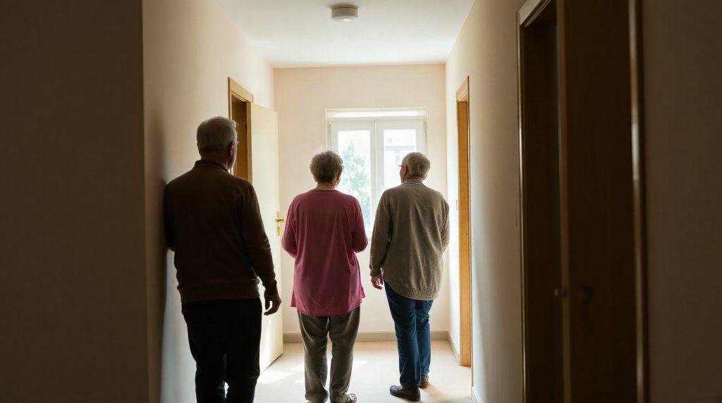 Deux voisins en discussion devant un immeuble résidentiel