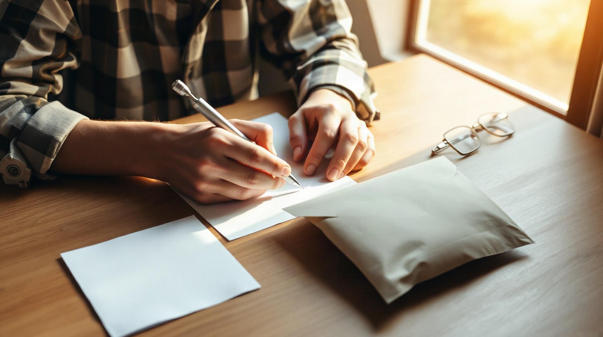 Personne rédigeant une lettre recommandée posée sur un bureau